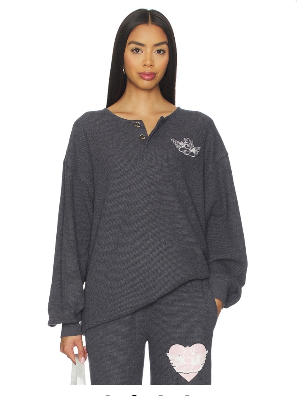 Boys Lie Charcoal Henley Crew with White Chest Graphic